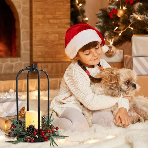Bdor Christmas Lantern Decor Set of 2 – 14" Tall Hanging Metal Candle Holder with Pine Cones, Berries and LED Flameless Candle – Holiday Table Centerpiece for Indoor Home Decoration in Saudi Arabia