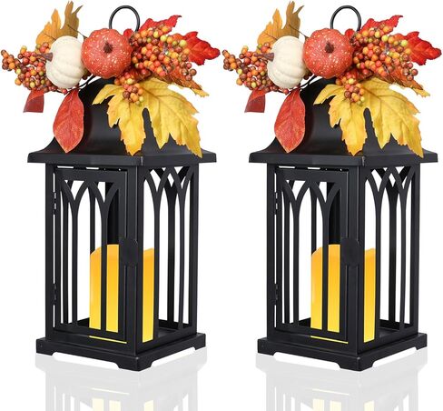 Bdor Christmas Lantern Decor Set of 2 – 14" Tall Hanging Metal Candle Holder with Pine Cones, Berries and LED Flameless Candle – Holiday Table Centerpiece for Indoor Home Decoration in Saudi Arabia