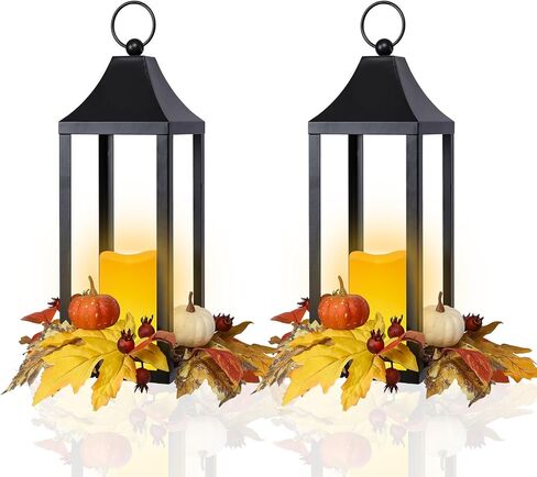 Bdor Christmas Lantern Decor Set of 2 – 14" Tall Hanging Metal Candle Holder with Pine Cones, Berries and LED Flameless Candle – Holiday Table Centerpiece for Indoor Home Decoration in Saudi Arabia