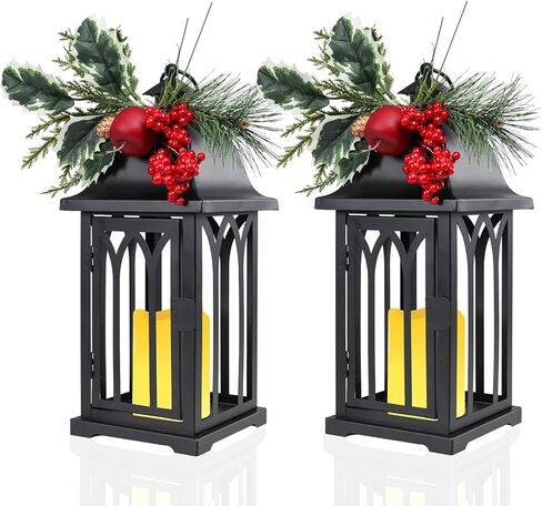 Bdor Christmas Lantern Decor Set of 2 – 14" Tall Hanging Metal Candle Holder with Pine Cones, Berries and LED Flameless Candle – Holiday Table Centerpiece for Indoor Home Decoration in Saudi Arabia