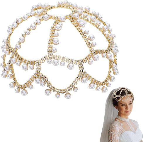 GorgeCraft White Pearl Cap Cappiece 1920s chain chain chain beads tassel mesh bridead chain argelry esconsory for women wedding party belly cosplay comband in Saudi Arabia