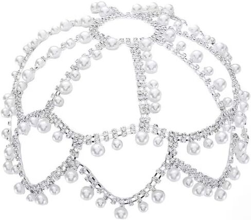 GorgeCraft White Pearl Cap Cappiece 1920s chain chain chain beads tassel mesh bridead chain argelry esconsory for women wedding party belly cosplay comband in Kuwait