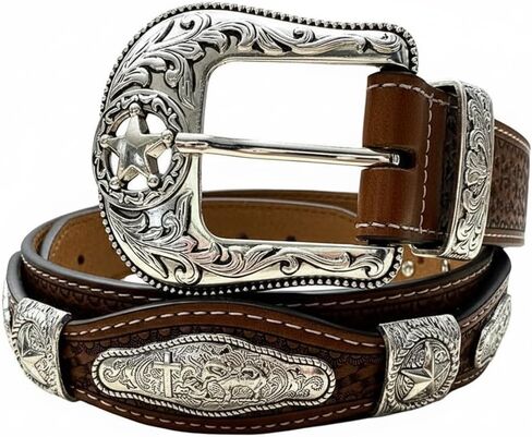 Men’s Leather Western Belt - Hand Tooled Braided Cowboy Strap with Lone Star Conchos - Large Statement Buckle Rodeo Ranch in Saudi Arabia