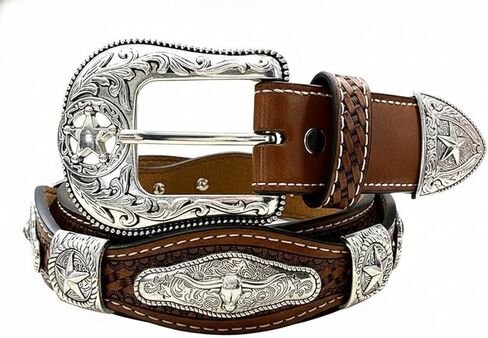 Men’s Leather Western Belt - Hand Tooled Braided Cowboy Strap with Lone Star Conchos - Large Statement Buckle Rodeo Ranch in Saudi Arabia