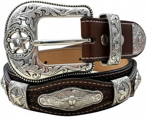 Men’s Leather Western Belt - Hand Tooled Braided Cowboy Strap with Lone Star Conchos - Large Statement Buckle Rodeo Ranch in Saudi Arabia