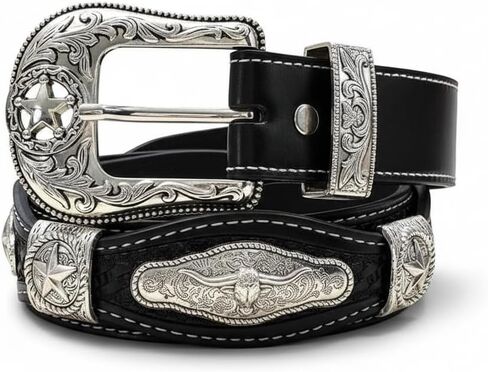 Men’s Leather Western Belt - Hand Tooled Braided Cowboy Strap with Lone Star Conchos - Large Statement Buckle Rodeo Ranch in Saudi Arabia