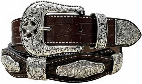 Men’s Leather Western Belt - Hand Tooled Braided Cowboy Strap with Lone Star Conchos - Large Statement Buckle Rodeo Ranch in Saudi Arabia