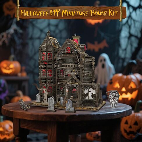 DIY Mini House Kit, Miniature Haunted House Kits with LED Accessories Furniture, 3D Wooden Puzzles for Adults, Dollhouse Craft Gifts for Girls, Boys, Teens in Saudi Arabia