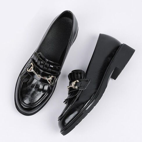 Tassel Loafers for Women's Patent Leather Low Heel Metal Buckle Slip On Moccasins Dress Shoes Casual Round-Toe Comfort Business Uniform Driving Walking Shoes in Saudi Arabia
