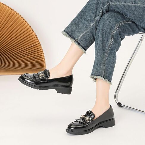 Tassel Loafers for Women's Patent Leather Low Heel Metal Buckle Slip On Moccasins Dress Shoes Casual Round-Toe Comfort Business Uniform Driving Walking Shoes in Saudi Arabia