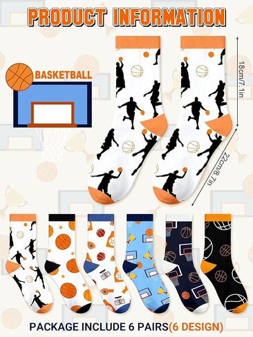 6 Pairs Funny Basketball Socks for Men Women, Novelty Athletic Crew Sport Socks, Holiday Birthday Christmas Gift for Lovers, Players, and Teams in Saudi Arabia