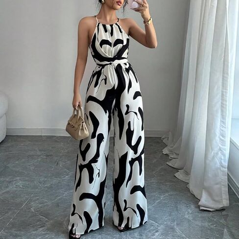 Women's Summer Strappy Jumpsuit - Milk Print Halter Neck Romper with Tie Detail, Sleeveless One-Piece Jumpsuit for Women in Saudi Arabia