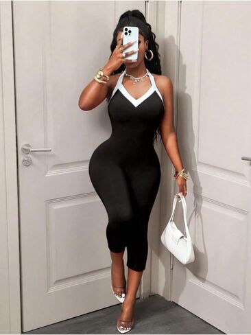 المرأة الرسن الرقبة بلا أكمام الأسود والأبيض اللون كتلة Bodycon Jumpsuita in Kuwait