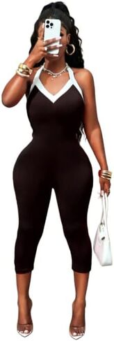 المرأة الرسن الرقبة بلا أكمام الأسود والأبيض اللون كتلة Bodycon Jumpsuita in Kuwait