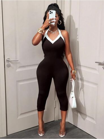 المرأة الرسن الرقبة بلا أكمام الأسود والأبيض اللون كتلة Bodycon Jumpsuita in Kuwait