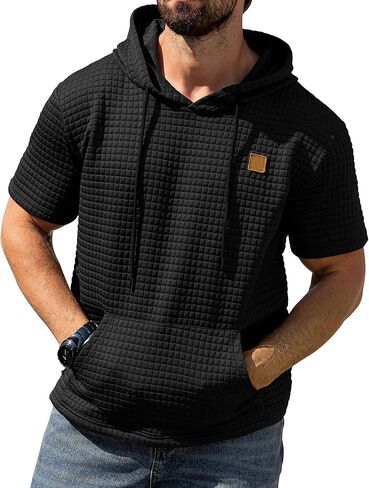 Aiyino Men's Hoodies Pullover Casual Short Sleeve Drawstring Waffle Knit Hooded Sweatshirt with Kanga Pocket in Saudi Arabia