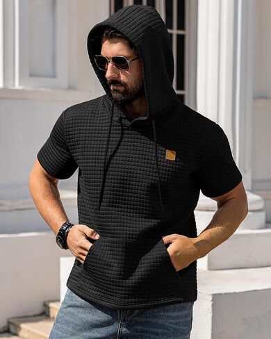 Aiyino Men's Hoodies Pullover Casual Short Sleeve Drawstring Waffle Knit Hooded Sweatshirt with Kanga Pocket in Saudi Arabia