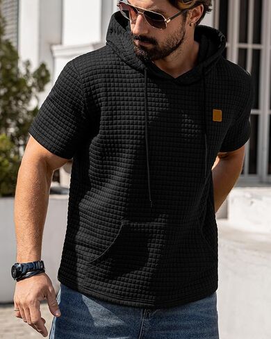 Aiyino Men's Hoodies Pullover Casual Short Sleeve Drawstring Waffle Knit Hooded Sweatshirt with Kanga Pocket in Saudi Arabia