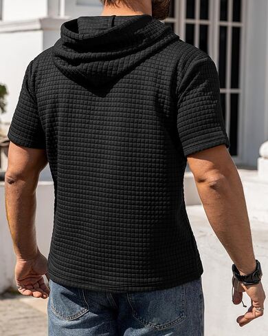 Aiyino Men's Hoodies Pullover Casual Short Sleeve Drawstring Waffle Knit Hooded Sweatshirt with Kanga Pocket in Saudi Arabia