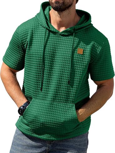 Aiyino Men's Hoodies Pullover Casual Short Sleeve Drawstring Waffle Knit Hooded Sweatshirt with Kanga Pocket in Saudi Arabia