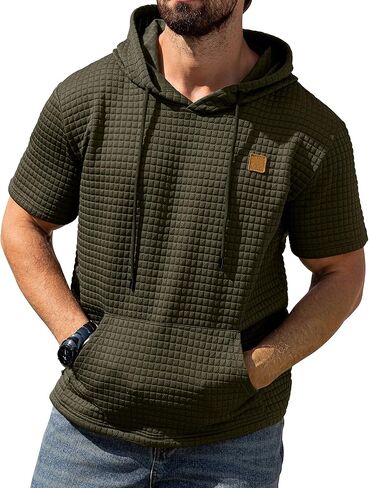 Aiyino Men's Hoodies Pullover Casual Short Sleeve Drawstring Waffle Knit Hooded Sweatshirt with Kanga Pocket in Saudi Arabia