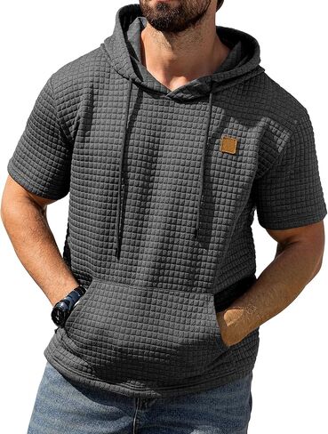 Aiyino Men's Hoodies Pullover Casual Short Sleeve Drawstring Waffle Knit Hooded Sweatshirt with Kanga Pocket in Saudi Arabia