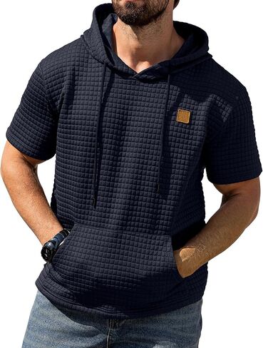 Aiyino Men's Hoodies Pullover Casual Short Sleeve Drawstring Waffle Knit Hooded Sweatshirt with Kanga Pocket in Saudi Arabia