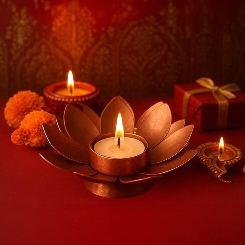 Metal Lotus Flower Tea Light Candle Holder, Copper Bronze Finish, Decorative Floral Design for Home, Table in Kuwait