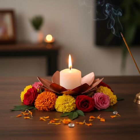 Metal Lotus Flower Tea Light Candle Holder, Copper Bronze Finish, Decorative Floral Design for Home, Table in Kuwait