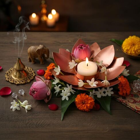 Metal Lotus Flower Tea Light Candle Holder, Copper Bronze Finish, Decorative Floral Design for Home, Table in Kuwait