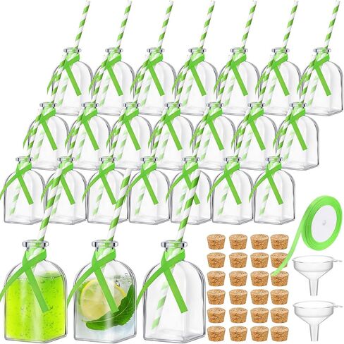 Baderke 24 Set 4 oz Glass Patron Reusable Cups with Cork and Straw Mini Patron Bottles Empty Glass Bottle for Drinks with Silk Ribbon and Funnels for Wedding Party Decoration(Green) in Saudi Arabia