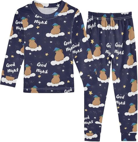 Cartoon Sleeping Capybara Cute Pajama Sets Long Sleeve Top and Pants, Snug Fit Sleepwear for Night Wears in Saudi Arabia