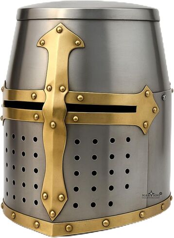 M.A & Sons Medieval Crusader Great Helm – 18-Gauge Steel Knight Helmet w/Brass Cross, Adjustable Padding, Adult One Size – Cosplay, Reenactment & Display – Includes Wooden Stand in Saudi Arabia