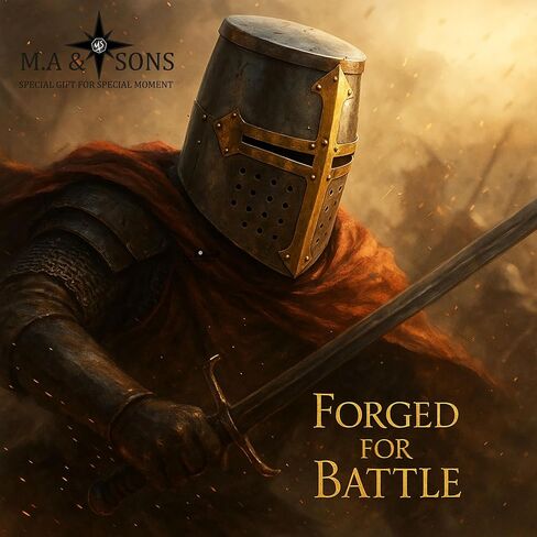 M.A & Sons Medieval Crusader Great Helm – 18-Gauge Steel Knight Helmet w/Brass Cross, Adjustable Padding, Adult One Size – Cosplay, Reenactment & Display – Includes Wooden Stand in Saudi Arabia