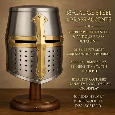 M.A & Sons Medieval Crusader Great Helm – 18-Gauge Steel Knight Helmet w/Brass Cross, Adjustable Padding, Adult One Size – Cosplay, Reenactment & Display – Includes Wooden Stand in Saudi Arabia