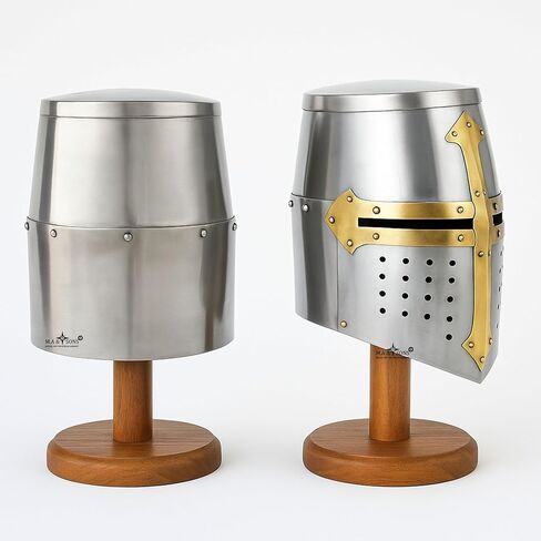 M.A & Sons Medieval Crusader Great Helm – 18-Gauge Steel Knight Helmet w/Brass Cross, Adjustable Padding, Adult One Size – Cosplay, Reenactment & Display – Includes Wooden Stand in Saudi Arabia