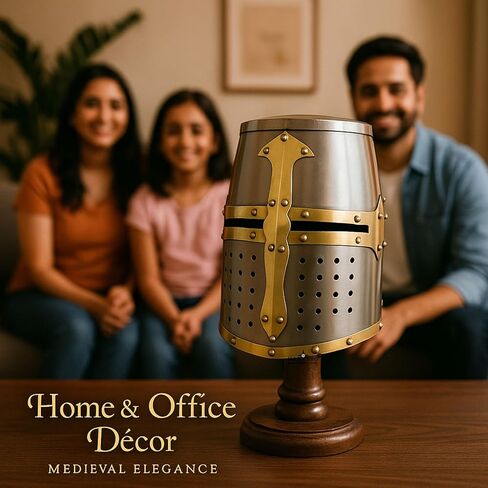 M.A & Sons Medieval Crusader Great Helm – 18-Gauge Steel Knight Helmet w/Brass Cross, Adjustable Padding, Adult One Size – Cosplay, Reenactment & Display – Includes Wooden Stand in Saudi Arabia
