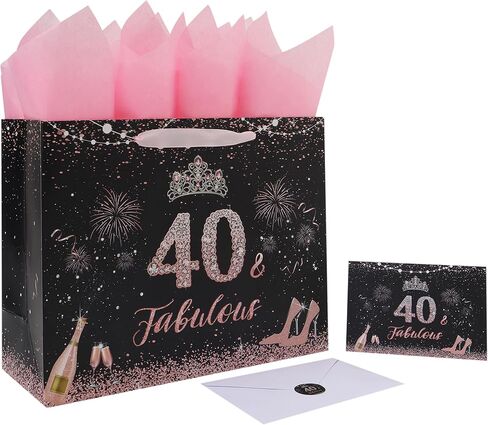 13" Large Black Birthday Gift Bag Set with Handles, Greeting Card, Pink Tissue Papers and Stickers for Girls Women Kids Teens, Tiara Design, 1 Pcs in Saudi Arabia