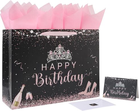 13" Large Black Birthday Gift Bag Set with Handles, Greeting Card, Pink Tissue Papers and Stickers for Girls Women Kids Teens, Tiara Design, 1 Pcs in Saudi Arabia