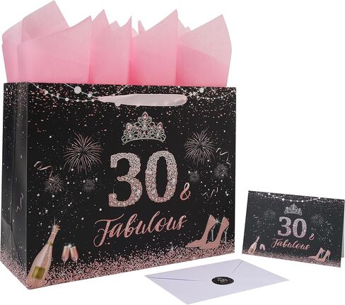 13" Large Black Birthday Gift Bag Set with Handles, Greeting Card, Pink Tissue Papers and Stickers for Girls Women Kids Teens, Tiara Design, 1 Pcs in Saudi Arabia