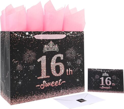 13" Large Black Birthday Gift Bag Set with Handles, Greeting Card, Pink Tissue Papers and Stickers for Girls Women Kids Teens, Tiara Design, 1 Pcs in Saudi Arabia