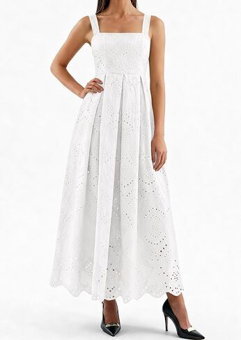 PRETTYGARDEN Womens Sleeveless Maxi Summer Dresses 2026 Hollow Out Eyelet Square Neck Ruffle Flowy Beach Vacation Sundress in Saudi Arabia