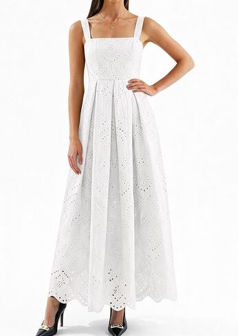 PRETTYGARDEN Womens Sleeveless Maxi Summer Dresses 2026 Hollow Out Eyelet Square Neck Ruffle Flowy Beach Vacation Sundress in Saudi Arabia