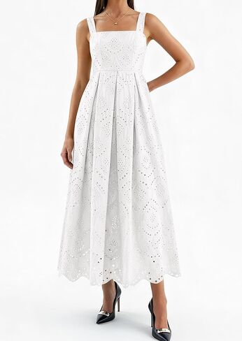PRETTYGARDEN Womens Sleeveless Maxi Summer Dresses 2026 Hollow Out Eyelet Square Neck Ruffle Flowy Beach Vacation Sundress in Saudi Arabia