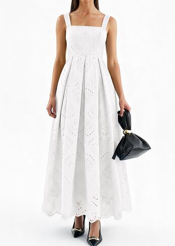 PRETTYGARDEN Womens Sleeveless Maxi Summer Dresses 2026 Hollow Out Eyelet Square Neck Ruffle Flowy Beach Vacation Sundress in Saudi Arabia