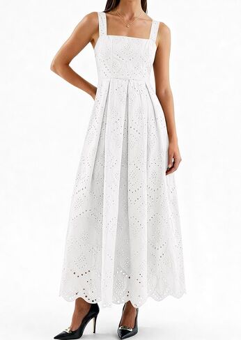 PRETTYGARDEN Womens Sleeveless Maxi Summer Dresses 2026 Hollow Out Eyelet Square Neck Ruffle Flowy Beach Vacation Sundress in Saudi Arabia
