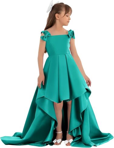 Maxianever Flower Girl Dress Satin with Bow High Low A-Line Ball Gowns Ruched Wedding Party Dresses in Kuwait