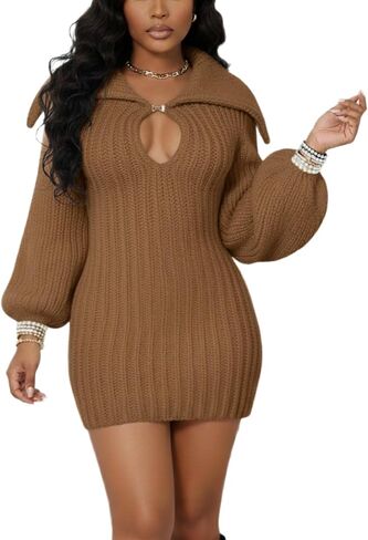 LROSEY المرأة كابل متماسكة سترة فستان بلوزة كاجوال دافئة مكتنزة كم طويل محبوك فساتين متوسطة الطول لخريف شتاء in Kuwait