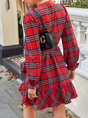 CUPSHE Women Red Plaid Fall Dress V Neck Ruffle Cuff Long Sleeve Side Tie Wrap Casual Mini Autumn Dresses in Saudi Arabia