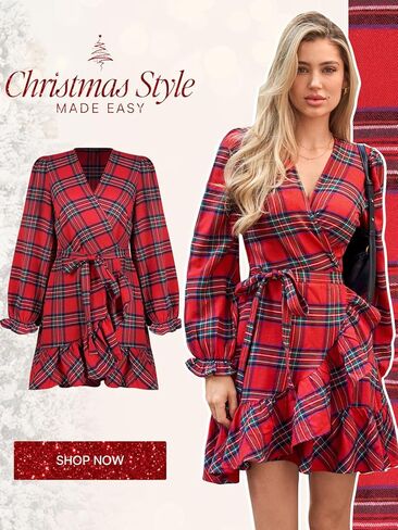 CUPSHE Women Red Plaid Fall Dress V Neck Ruffle Cuff Long Sleeve Side Tie Wrap Casual Mini Autumn Dresses in Saudi Arabia